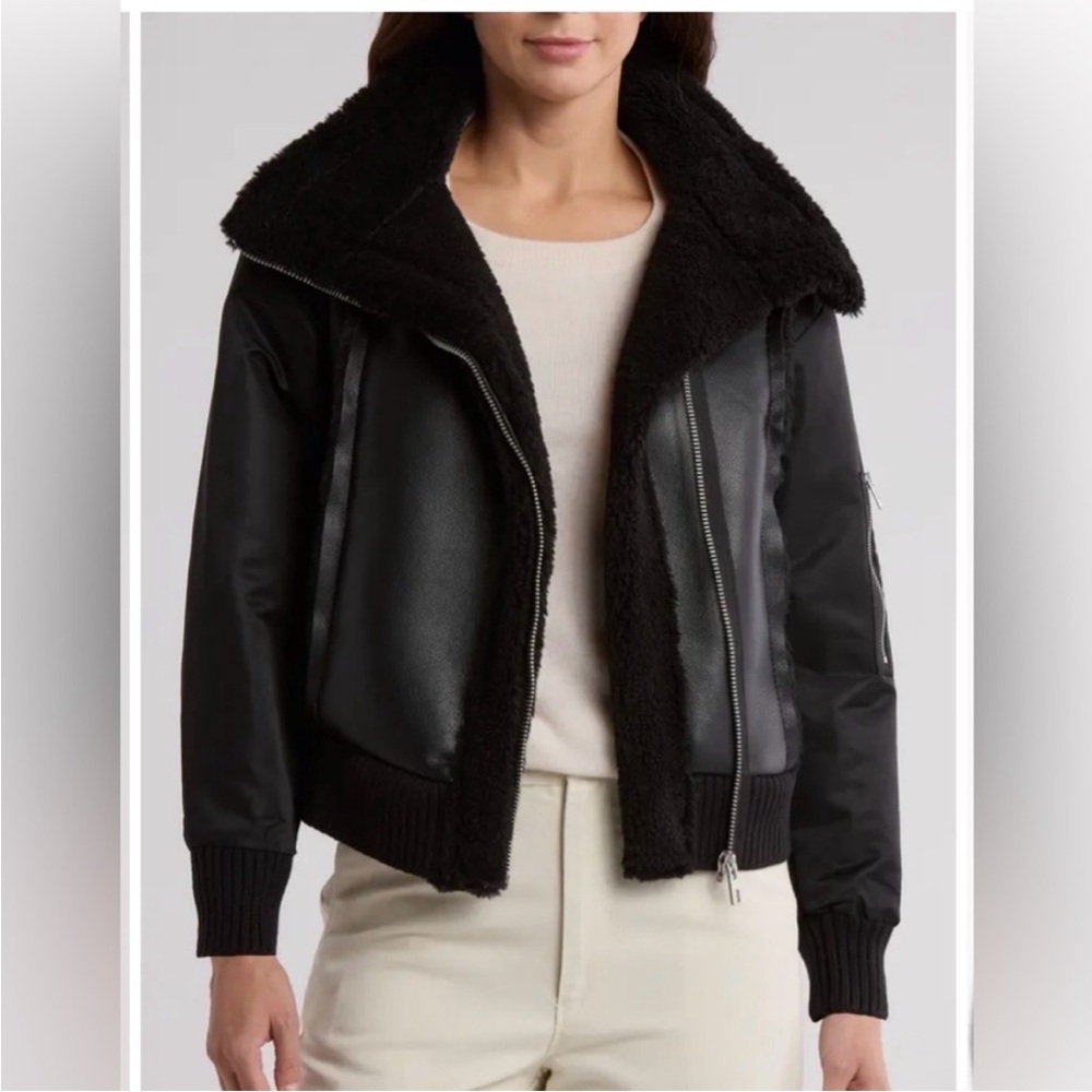 Jason Wu Designer Black  Bomber Faux Leather Shearling Jacket Sz M NWT